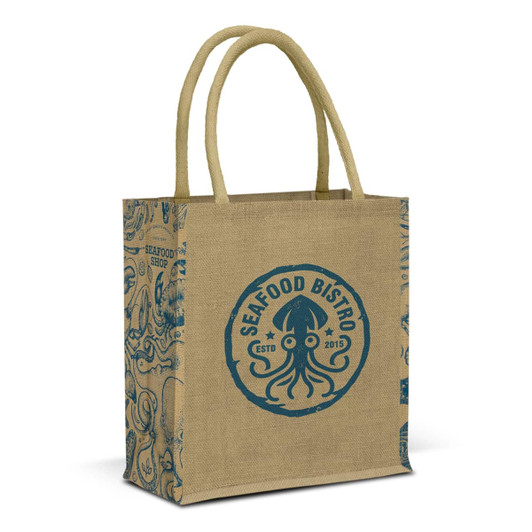 A jute tote bag in natural with blue illustrations and a logo on the front. Features sturdy handles for easy carrying.