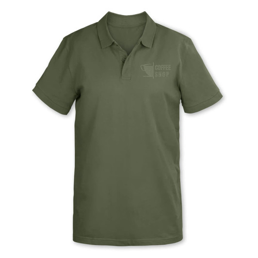 A green polo shirt featuring tone-on-tone embroidery and a logo. Suitable for casual wear or branding.