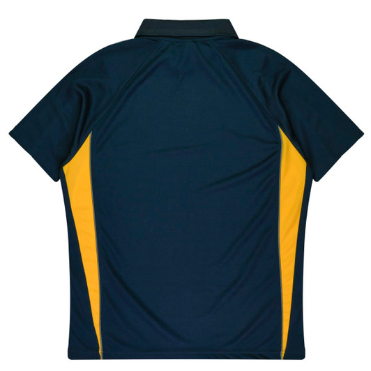 A navy polo shirt with yellow side panels and a collar, featuring a branding logo.