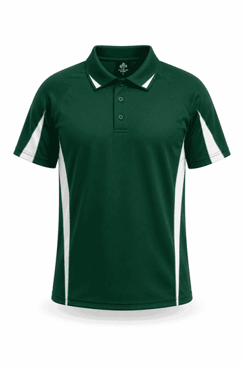 A green polo shirt featuring white side stripes and a logo, designed for kids.