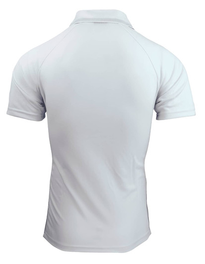 A light grey men's polo shirt featuring a back view, with a simple design and a logo on the side.