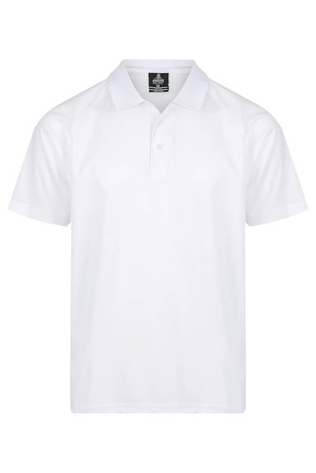 A white men's polo shirt featuring a collar and short sleeves, with a logo on the label.