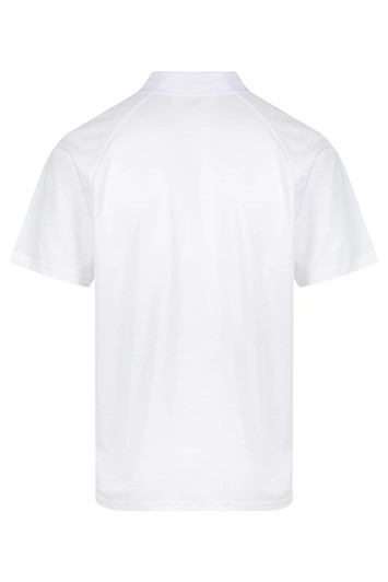 A white polo shirt with a modern cut and a logo on the back. Suitable for casual or semi-formal occasions.