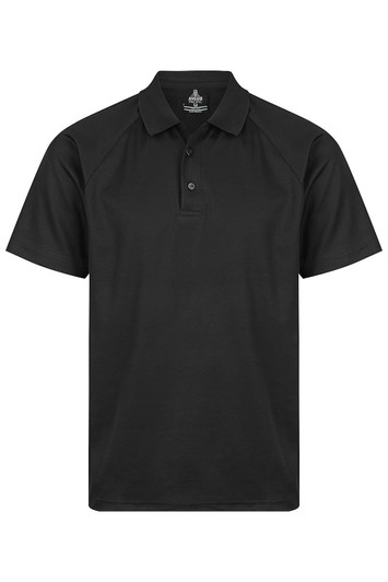 A black polo shirt with a collar, short sleeves, and a logo on the upper part.