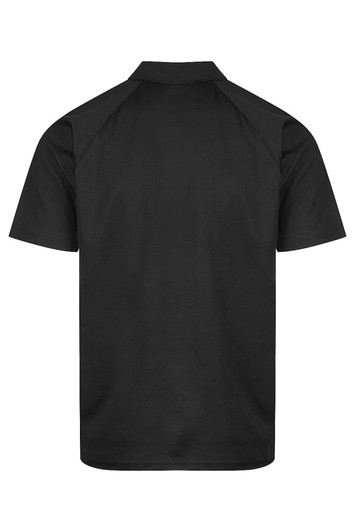 A black men's polo shirt with short sleeves and a classic collar, featuring a branding logo.