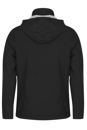 A black jacket with a hood, featuring a plain design and a contrasting inner lining. The jacket has a logo on it.