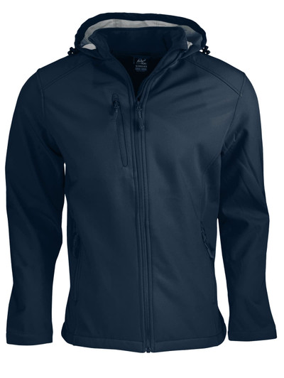A navy soft shell jacket with a hood and zippered pockets, featuring a logo on the chest area.