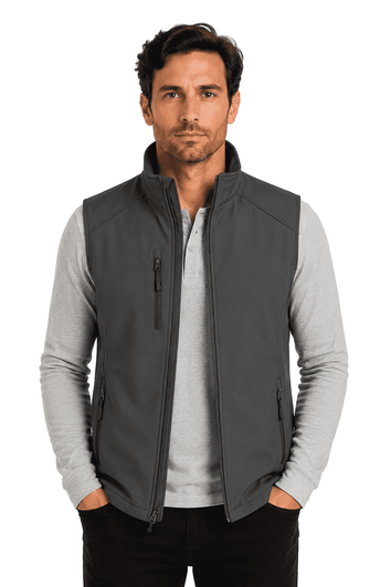 A grey men's vest is displayed, featuring a zippered front and side pockets, with a logo on the chest.
