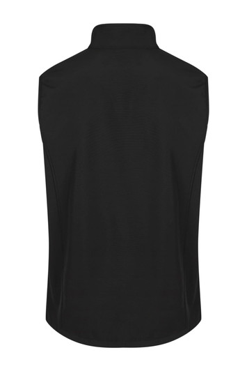 A black sleeveless vest featuring a collar and a smooth texture. The vest has a logo on the back.