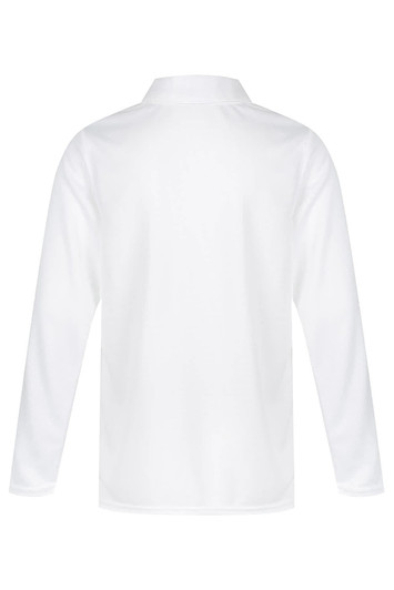 A white long-sleeve polo shirt with a classic collar and a plain back design. It features a logo.