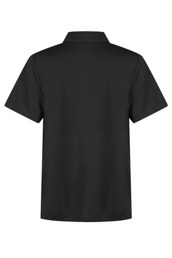 A black short-sleeved polo shirt featuring a collar and a logo on the side. Suitable for sports uniforms.