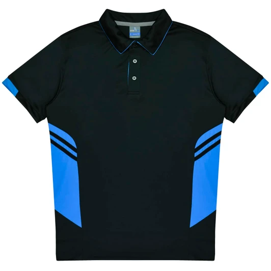 A black polo shirt with blue accents and a branded logo on the front. Suitable for kids.