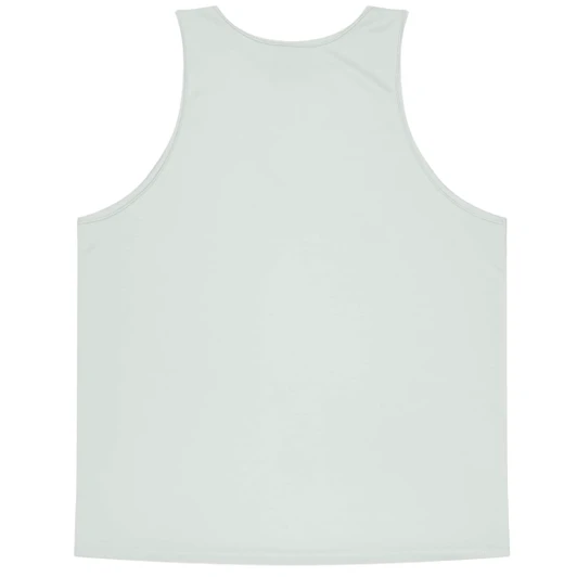 A light green singlet with a smooth back design, featuring branding at the neckline.