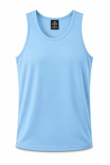 A light blue men's singlet featuring a collarless design and a logo tag. Ideal for casual wear.