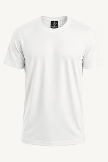 A white T-shirt with short sleeves and a branded neck label, suitable for kids.