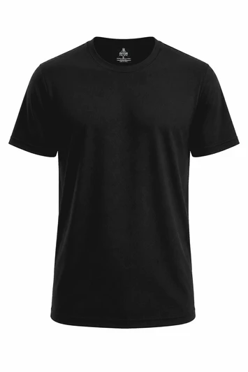 A black T-shirt with a round neckline and short sleeves. Features a simple design and a brand logo.