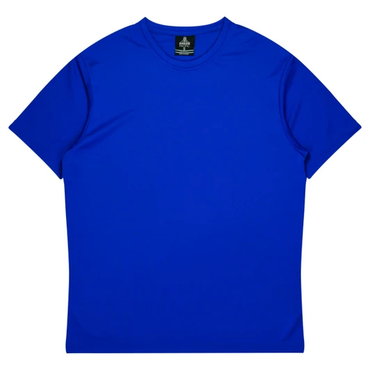 A blue t-shirt with short sleeves and a round neck, featuring a tag inside with a logo.