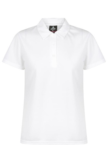 A white polo shirt with a collar and buttons, featuring a logo on the chest.