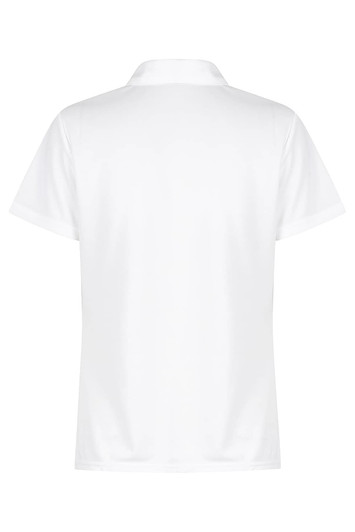 A white polo shirt featuring a collar and short sleeves, with a small logo on the back.