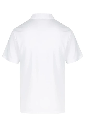 A white polo shirt with a classic collar and short sleeves. The back view features a simple design and a logo.