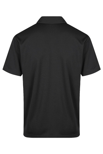 A black men's polo shirt featuring a classic collar and short sleeves, with a logo present on the design.