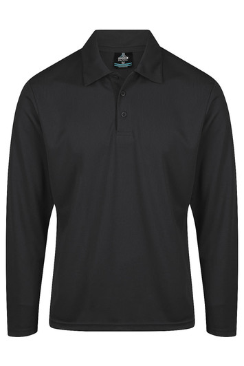 A long-sleeve black polo shirt featuring a collar and a button placket, with a logo present.