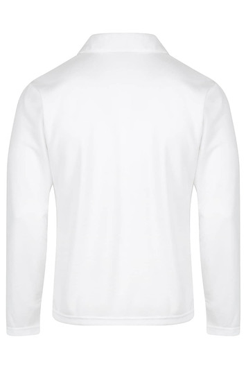 A white long-sleeve polo shirt featuring a collar and a plain back design. It has a logo on the side.