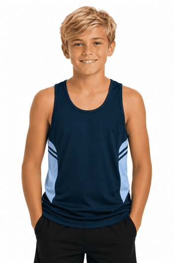 A navy blue singlet with light blue accents, worn by a smiling boy, featuring a logo on the chest.