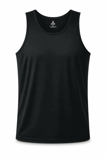 A black men's singlet featuring a round neckline and a logo on the label.