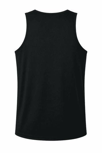 A black men's singlet featuring a plain back design and a subtle logo.