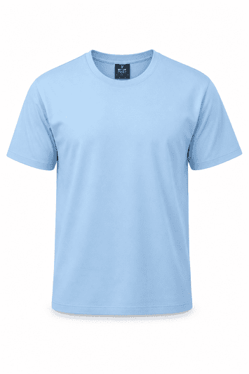 A light blue men's t-shirt with a crew neckline and short sleeves, featuring a logo on the label.