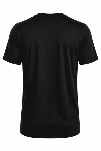 A black t-shirt with short sleeves and a simple design, featuring a subtle logo on the back.