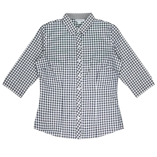 A black and white checked button-up shirt with 3/4 sleeves and a collar, featuring a subtle logo.