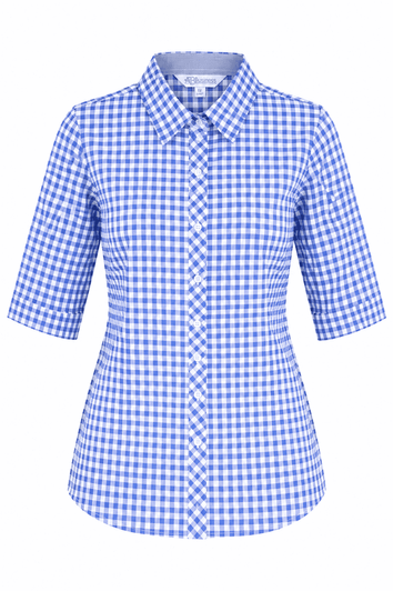 A blue and white checkered button-up shirt with 3/4 sleeves and a collar, featuring a logo.