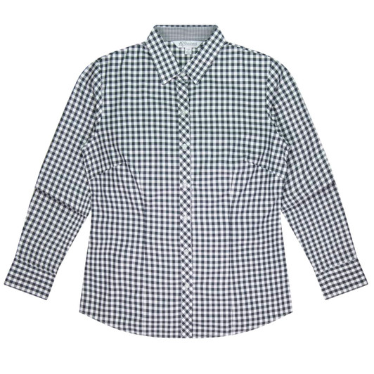 A long-sleeve button-up shirt featuring a black and white check pattern, with a collar and a logo.