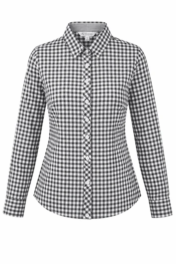 A long-sleeve button-up shirt in black and white gingham check pattern, featuring a collar and a branded logo.