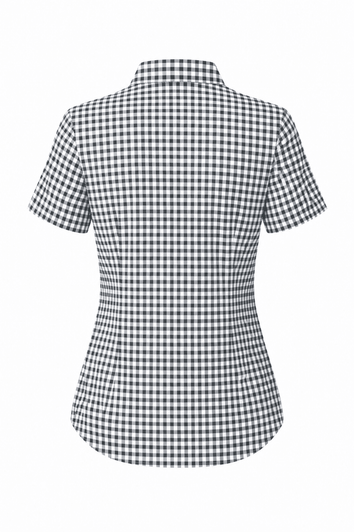 A short-sleeve button-up shirt in a black and white checkered pattern with a fitted silhouette and collar.