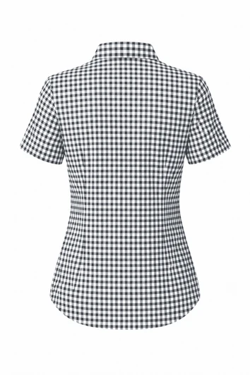 A short-sleeve button-up shirt in a black and white checkered pattern with a fitted silhouette and collar.