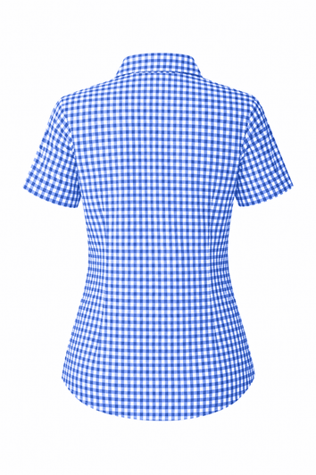 A short-sleeve button-up shirt in blue and white gingham check pattern with a fitted silhouette and collar.
