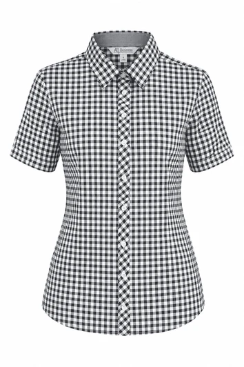 A short-sleeve button-up shirt in a black and white gingham pattern with a collar and a logo.