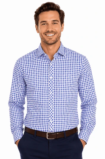 A long sleeve button-up shirt in blue and white gingham pattern, featuring a branded logo.