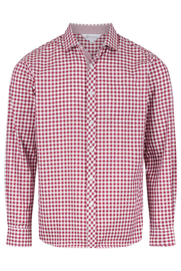 A long sleeve button-up shirt in red and white gingham check, featuring a branded logo.