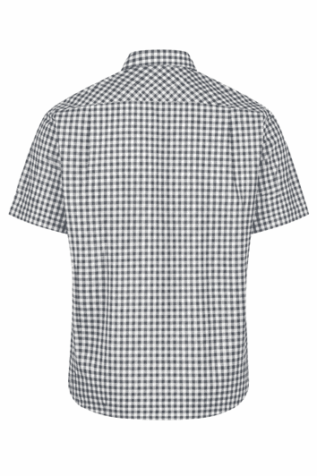 A short-sleeve button-up shirt featuring a black and white checkered pattern, with a collar and a logo.