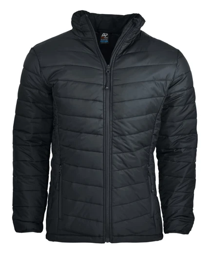 A black padded men's jacket featuring a zip closure and two side pockets, with a logo on the label.