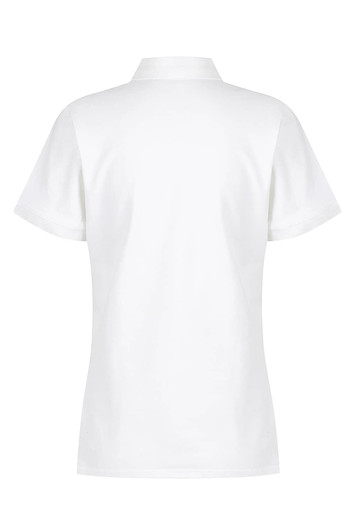A white women's polo shirt featuring a classic design and short sleeves. It includes a logo on the fabric.