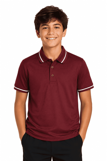 A maroon kids' polo shirt with a collar, featuring a logo. It has contrasting white stripes on the collar.