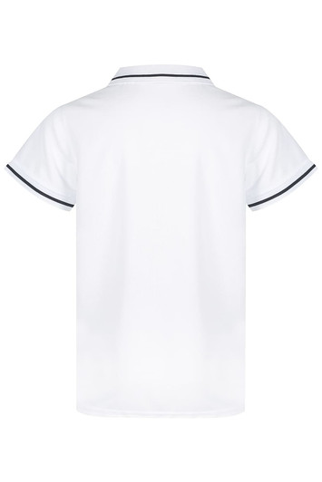 A white polo shirt featuring contrasting trim and a collar. The back view highlights its smooth design and fit.