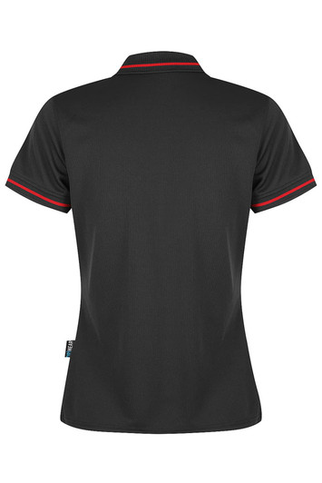 A black polo shirt with a stylish collar and red trim, featuring a logo.