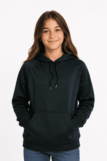 A black hoodie featuring a front pocket and a drawstring hood, modelled by a girl.
