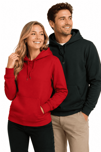 A red hoodie and a black hoodie are worn by a smiling man and woman, both featuring a front pocket and drawstring.